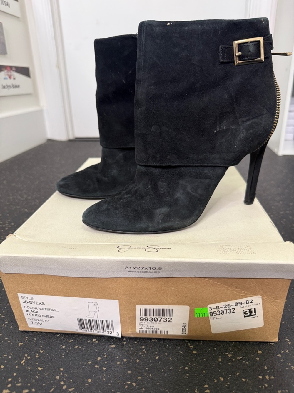 Jessica Simpson DYERS Black Suede Fold-Over Ankle Boots with Gold Buckle